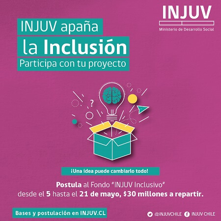 Desde este viernes 5 de mayo postula con tu proyecto al nuevo Fondo Concursable “Injuv Inclusivo 2017”