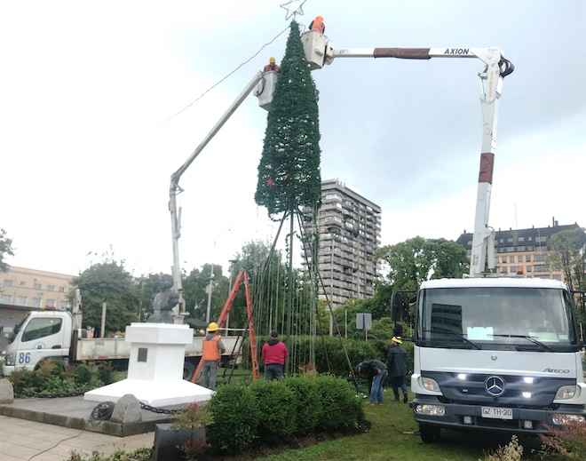 Municipio de Osorno retiró árbol de Navidad que fue instalado en plaza de armas tras sufrir destrozos por parte de desconocidos